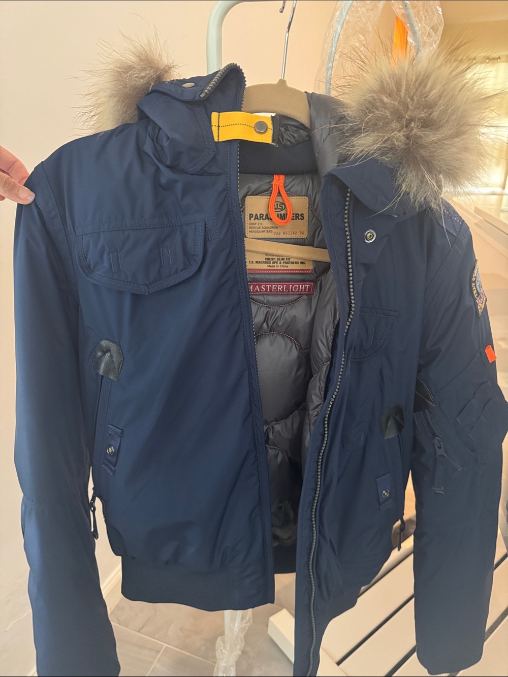 Parajumpers Men's Navy Hooded Puffer Jacket with Fur Trim